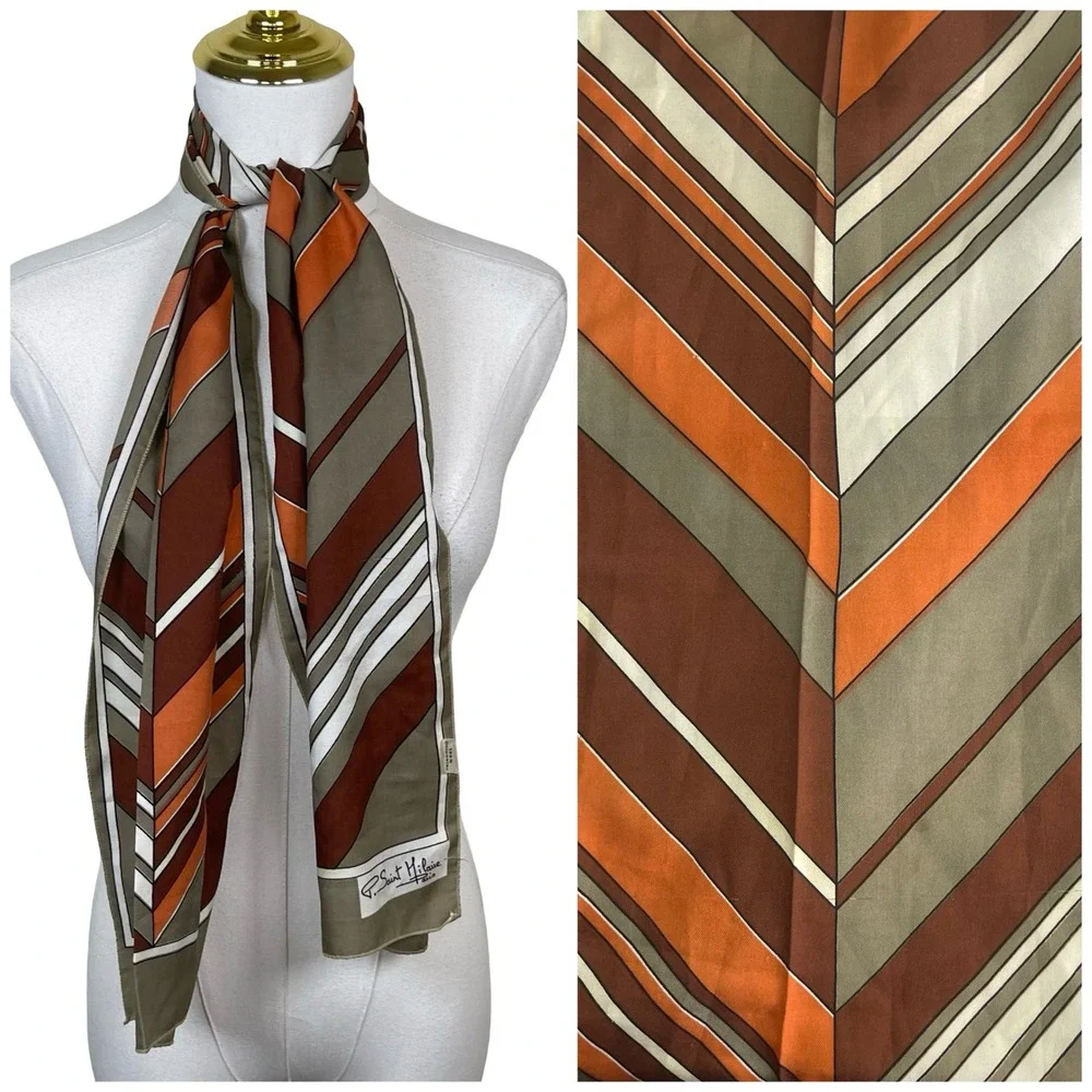Vintage P. Saint Hilaire Paris Scarf Women Brown Orange Chevron Striped 70s Mod